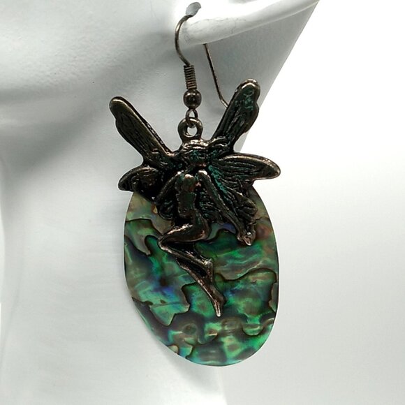 Abalone Shell Fairy Design Dangle Earrings Unique - Picture 2 of 12